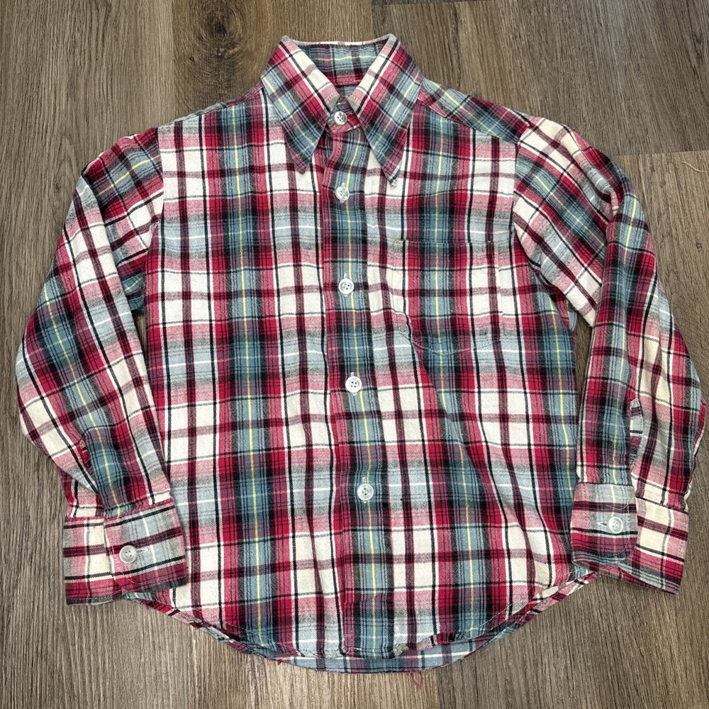 Vintage Tom Sawyer Flannel Shirt Boys 8 Plaid 50s 60s Loop Collar‎ Long Sleeve